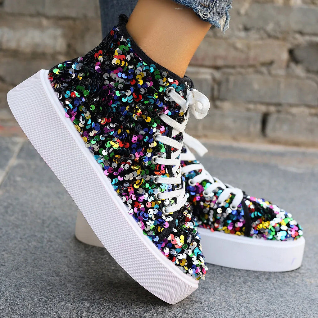 women's sequin round toe platform sneakers - front view