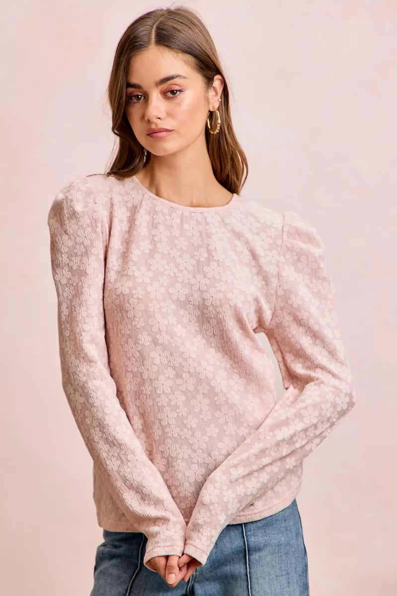 women's bibi textured flower knit puff shoulder top - additional image