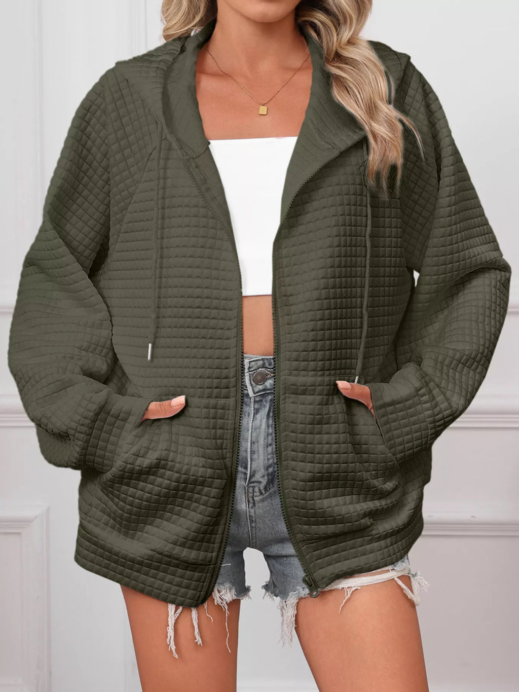 women's full size textured quilted zip-up hooded jacket plus size - styling option
