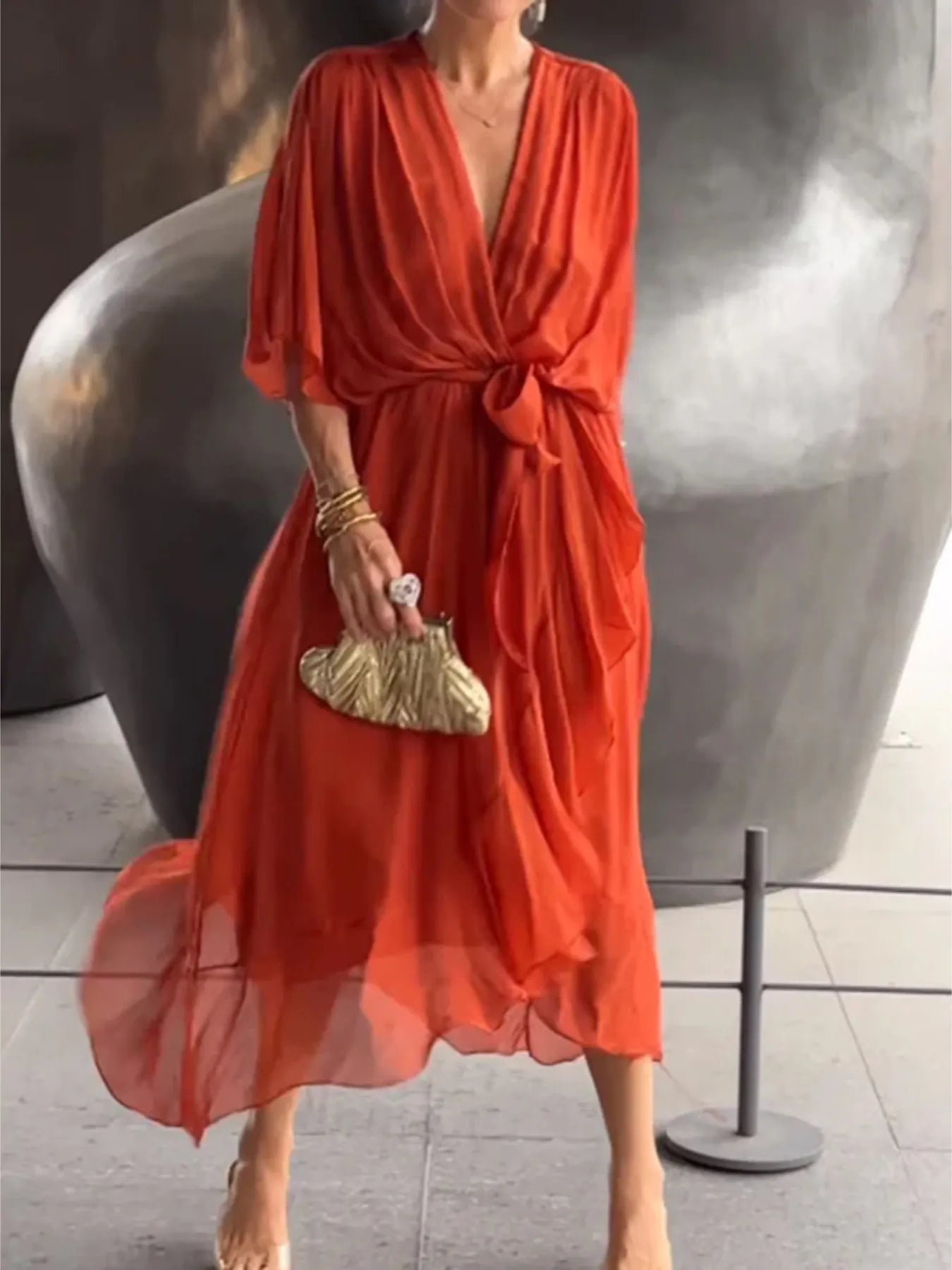 Full Size Flowy Tie Front Midi Dress with Flutter Sleeves Plus Size Orange