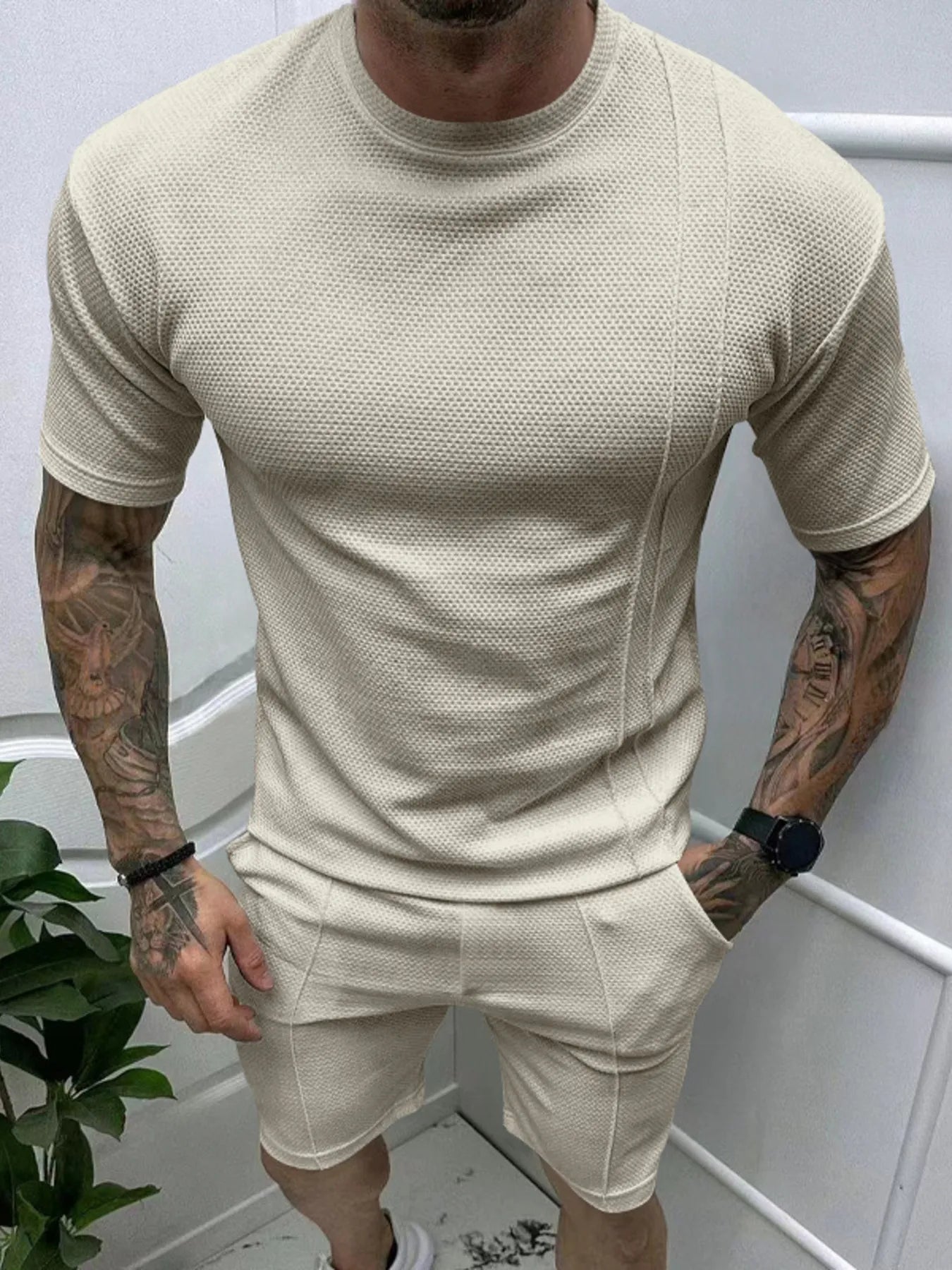 men's men's full size round neck tee and shorts set plus size - main product image