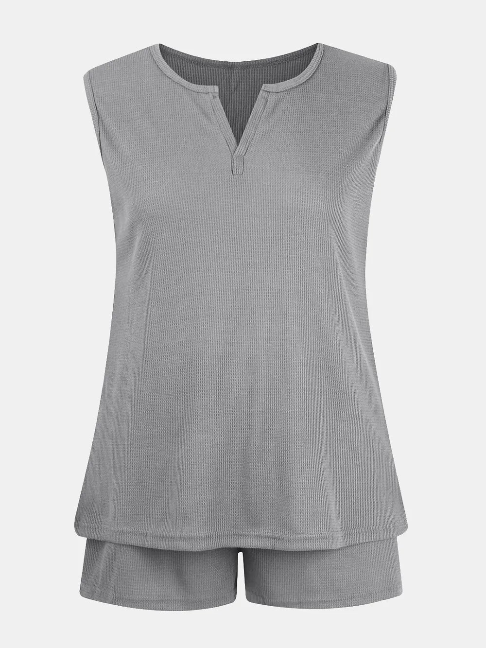 Full Size Waffle-Knit Notched Top and Shorts Set Gray