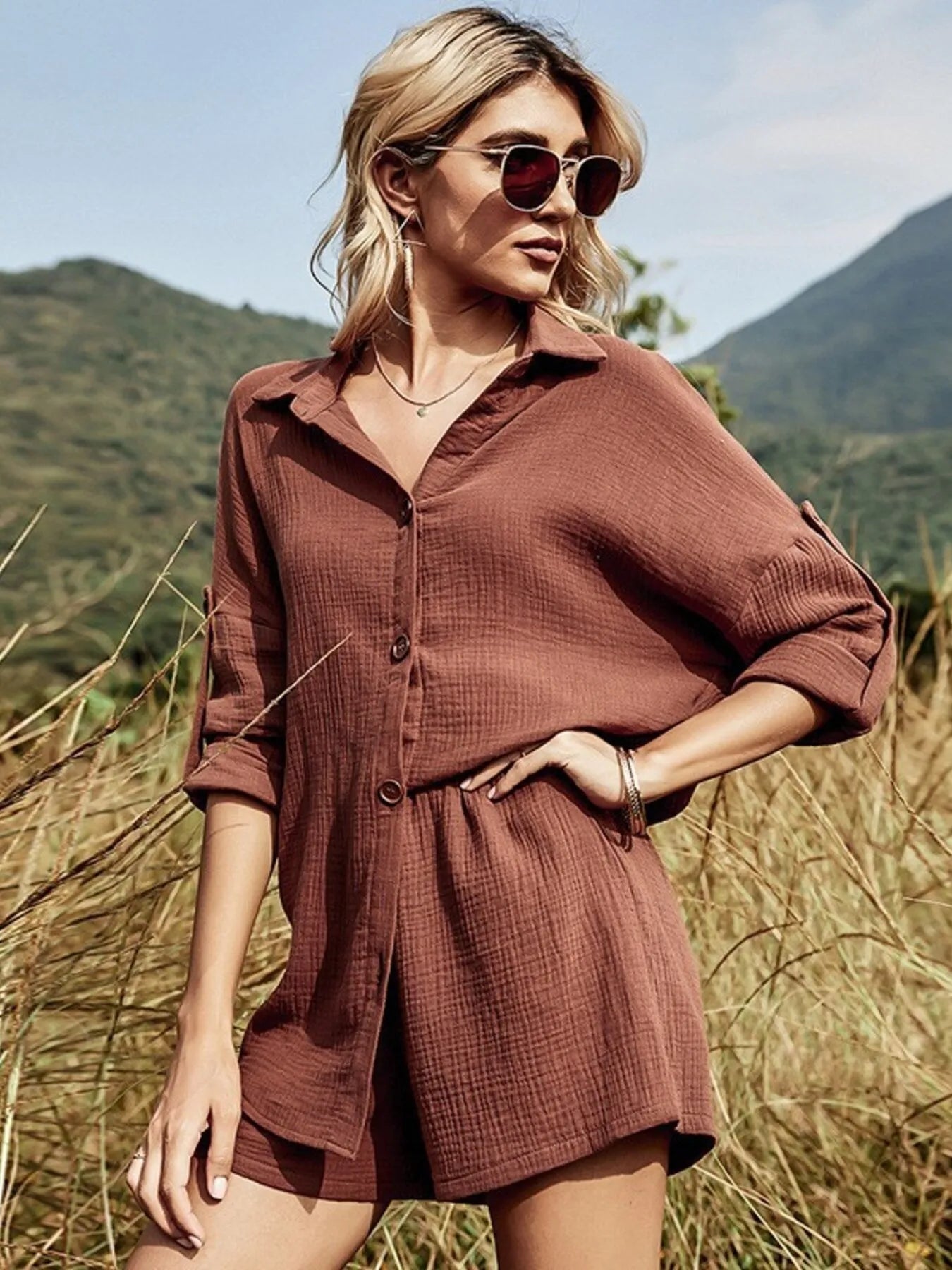 Button Down Shirt and Shorts Set Brick Red