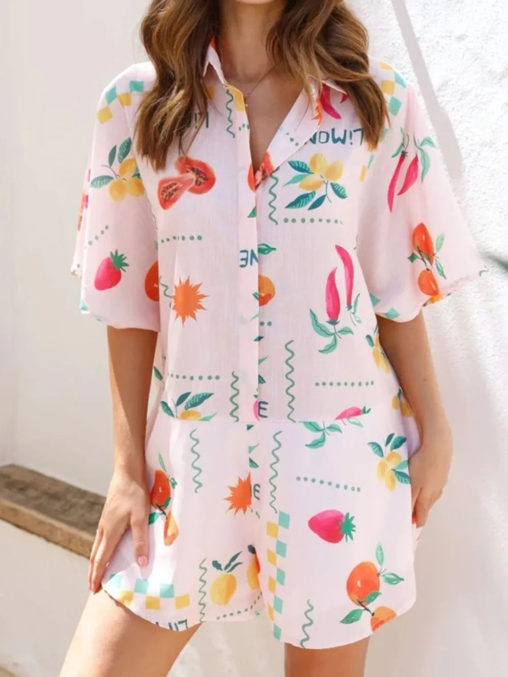 Printed Collared Neck Half Sleeve Romper Blush Pink