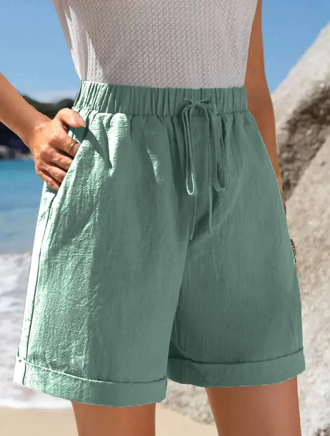 Full Size Drawstring Linen Blend Shorts Plus Size Green