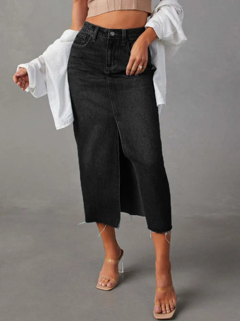 Raw Hem Front Slit Denim Midi Skirt Dark