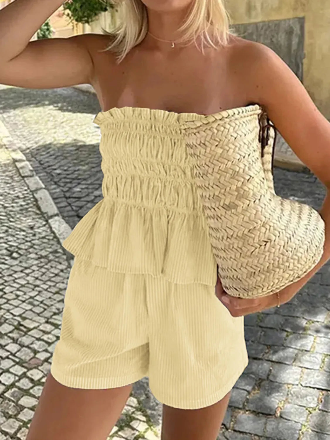 Smocked Tube Top and Shorts Set Light Yellow