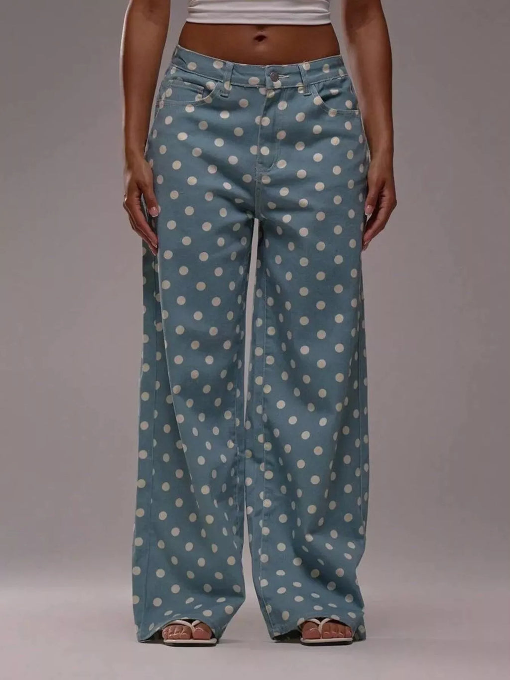women's polka dot wide leg jeans - lifestyle shot