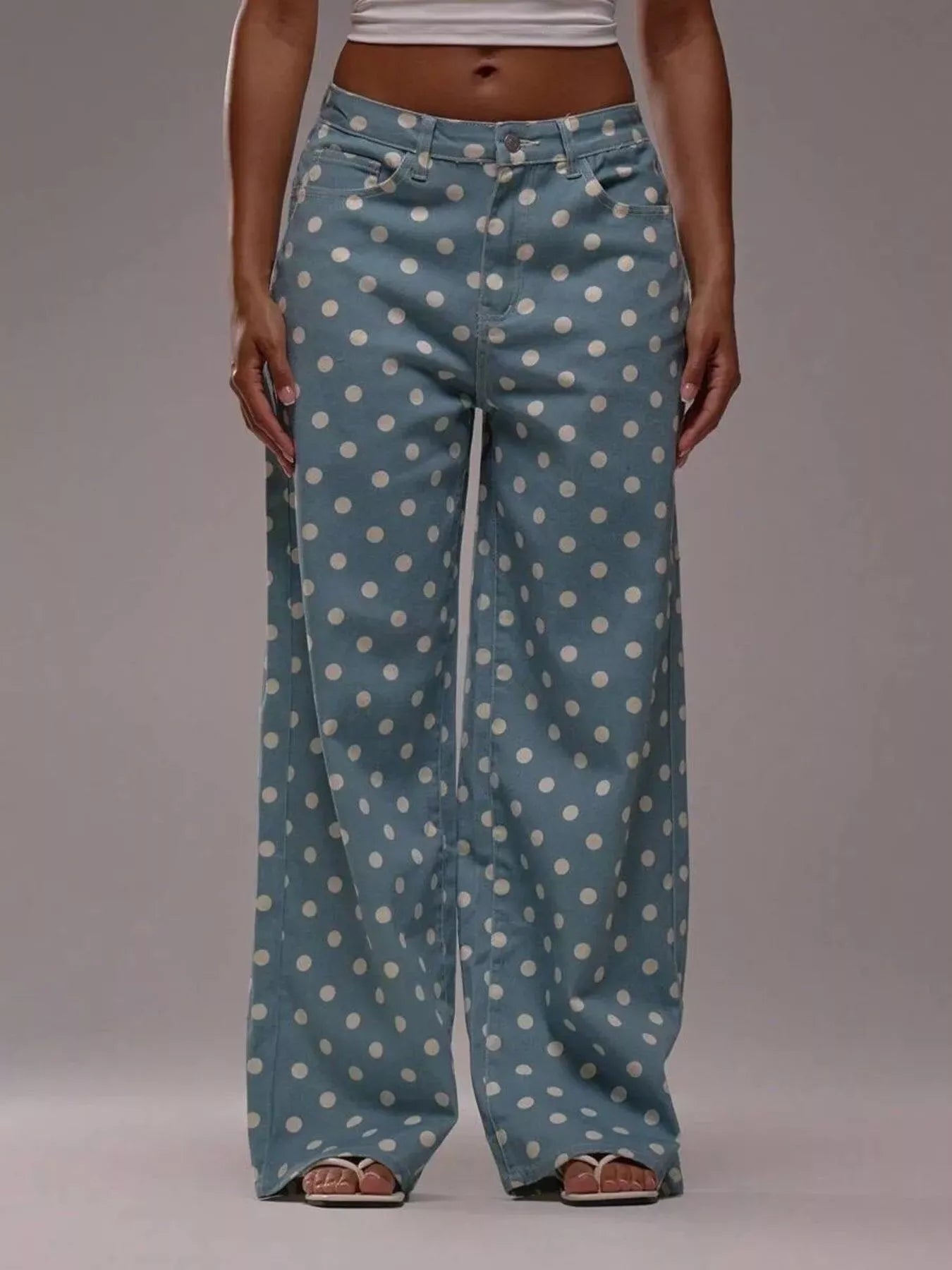 women's polka dot wide leg jeans - lifestyle shot