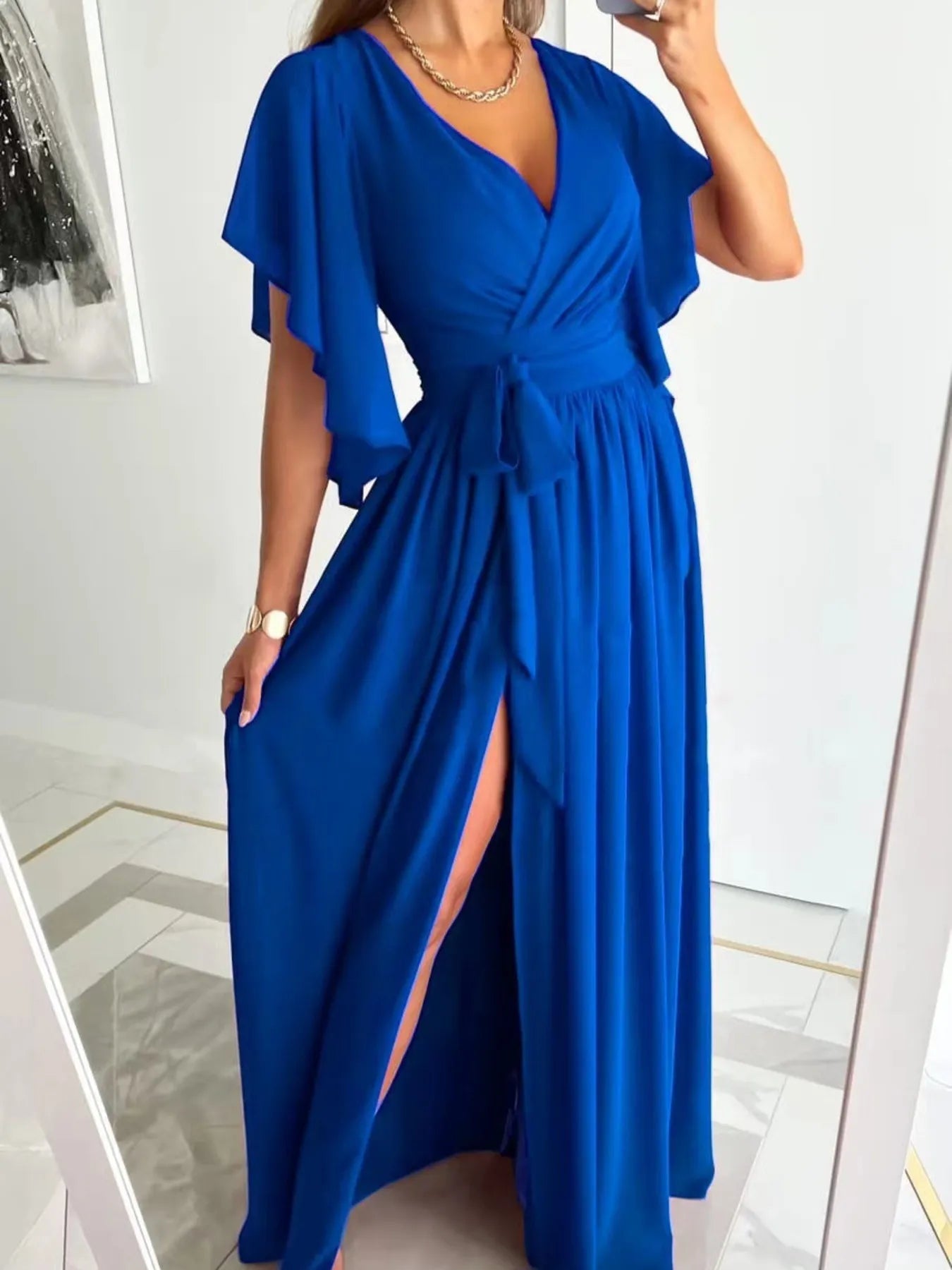 Flutter Sleeve Surplice Tie Waist Dress Blue