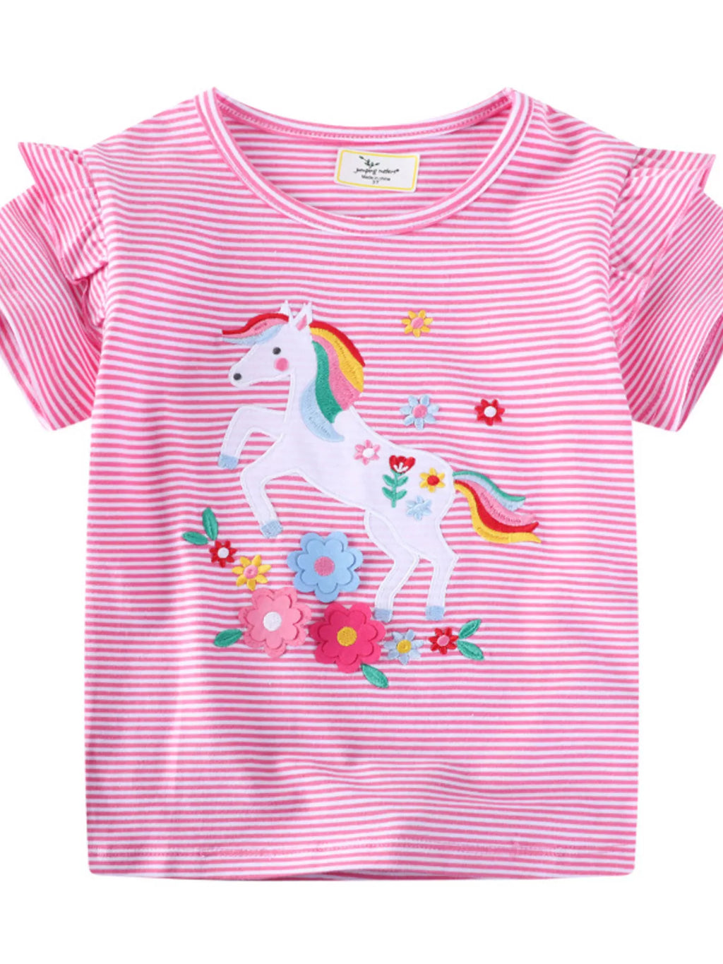 women's c=children's unicorn ruffle sleeve striped t-shirt - front view