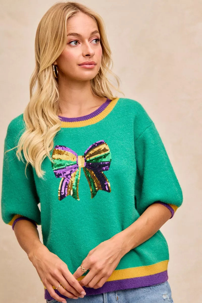 women's bibi mardi gras sequin ribbon patched sweater - extra view
