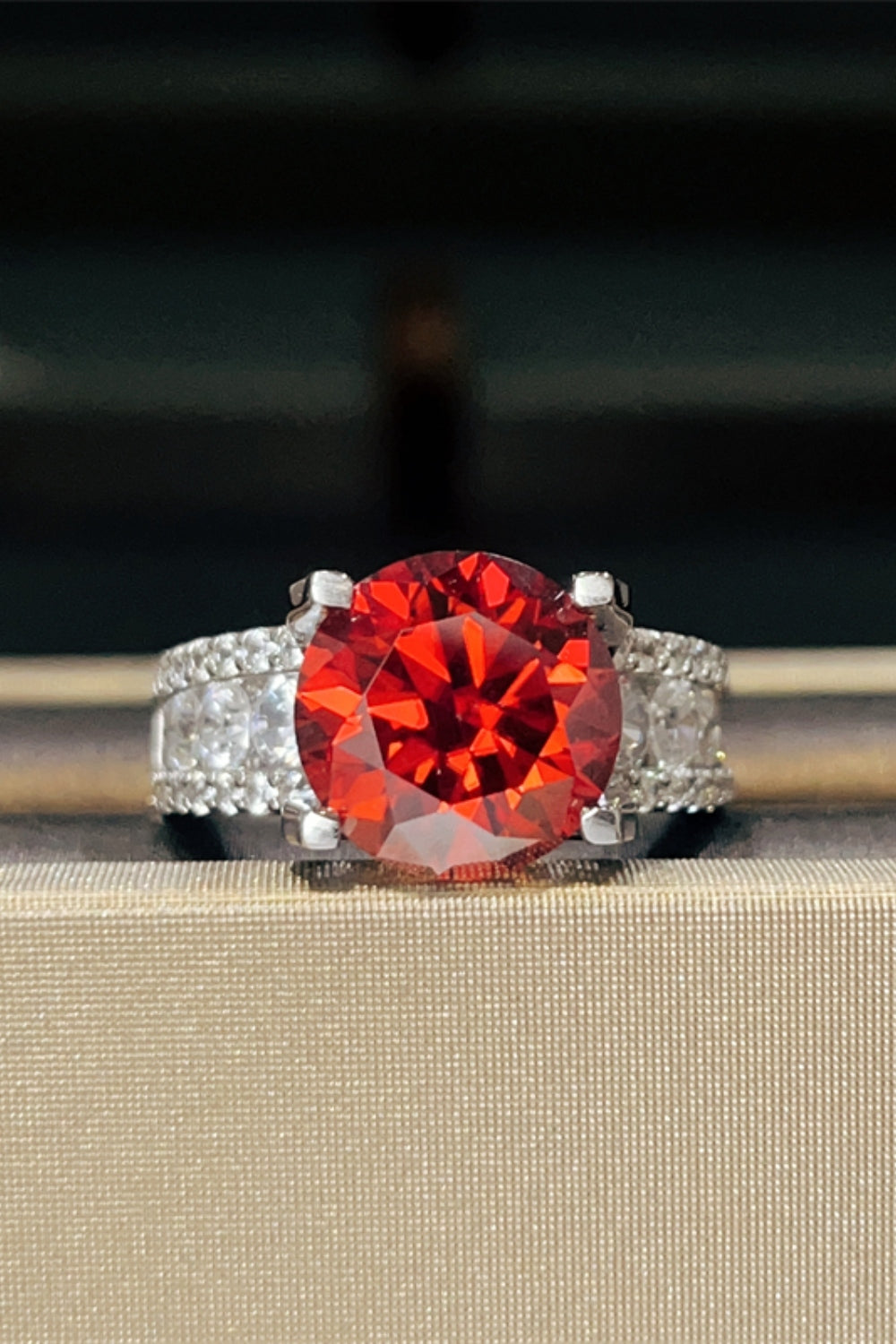 old mine cut engagement rings cushion cut moissanite 5 Carat Moissanite 925 Sterling Silver Ring in Scarlet, size 5, 6, 7, 8, 9, shown in close-up highlighting gemstone detail