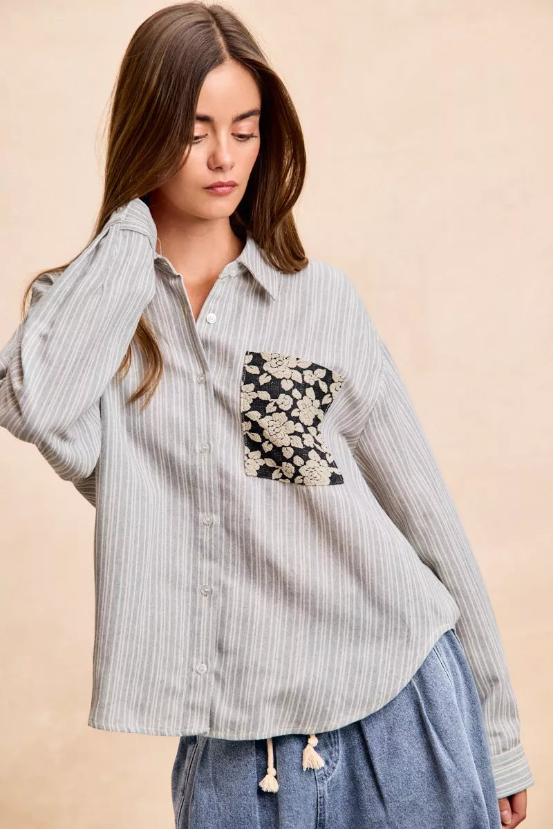 women's bibi flower jacquard knit patch pocket stripe shirt - extra view