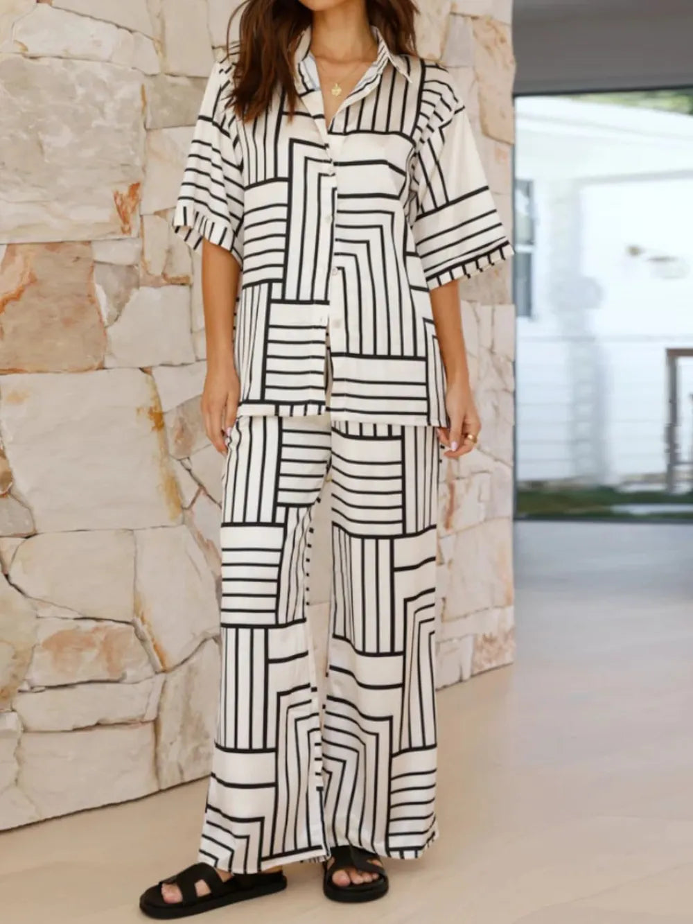 Button Down Half Sleeve Top and Pants Set White