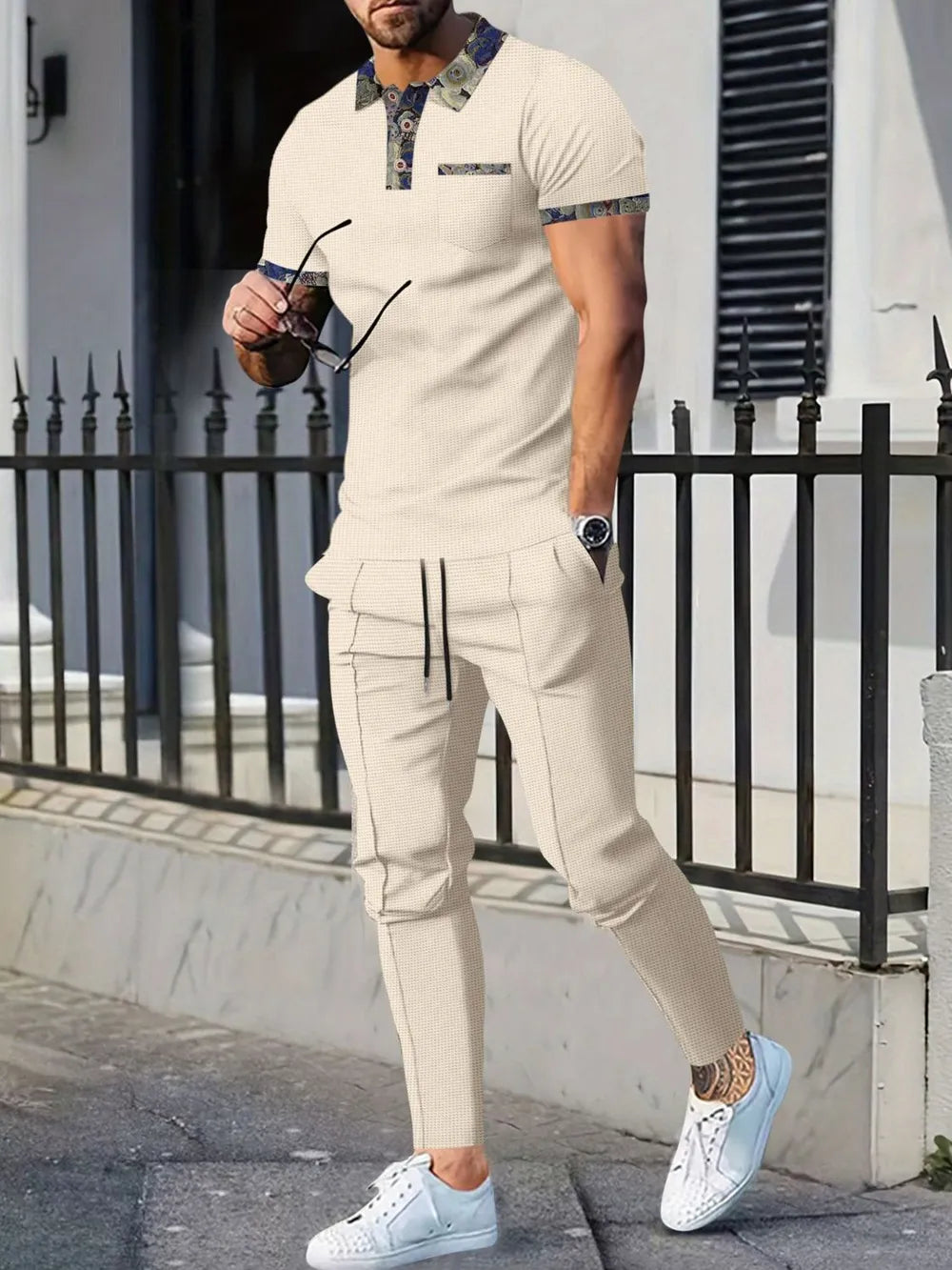 men's full size waffle knit short sleeve polo and pants set plus size styled as men’s set