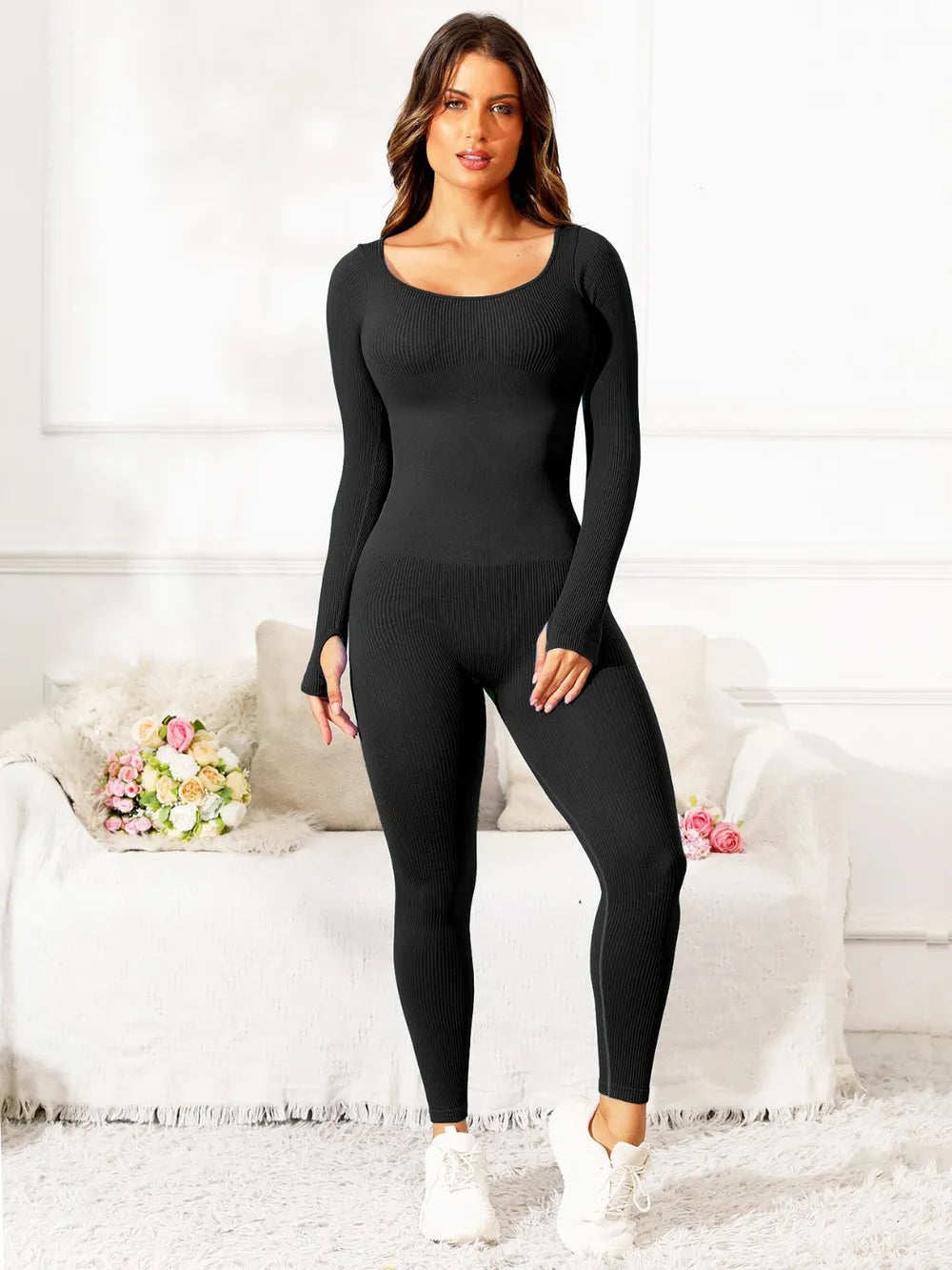 women's scoop neck long sleeve active jumpsuit - product detail