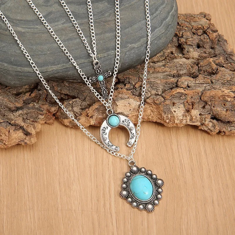 women’s apparel — artificial turquoise alloy three-layered necklace
