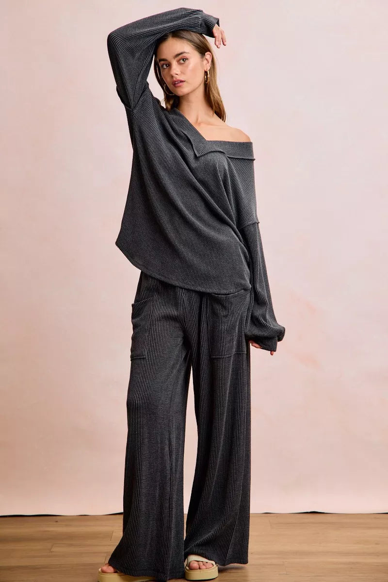 women's bibi two tone cord rib contrast stitching v-neck top and pants set - product detail