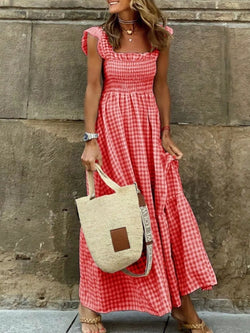 women's full size gingham smocked ruffle maxi dress plus size - product showcase