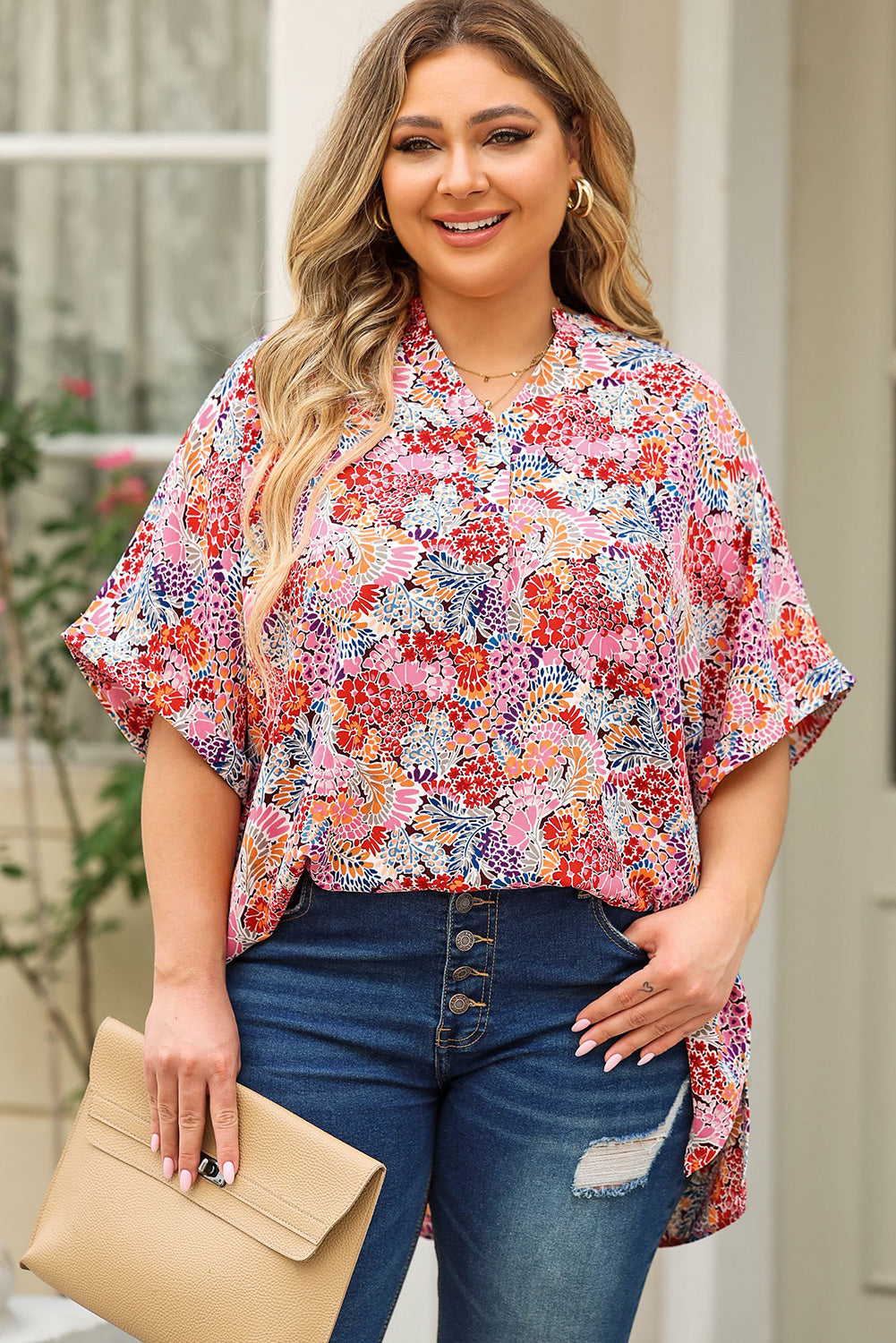 Plus Size Printed Notched Neck Half Sleeve Top Multicolor