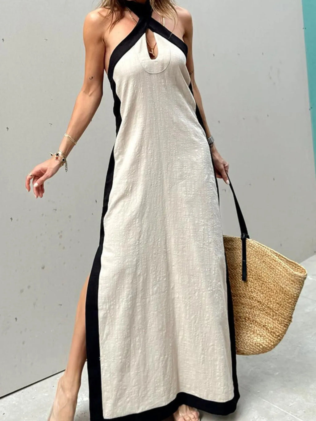women's contrast halter sleeveless maxi dress - front view