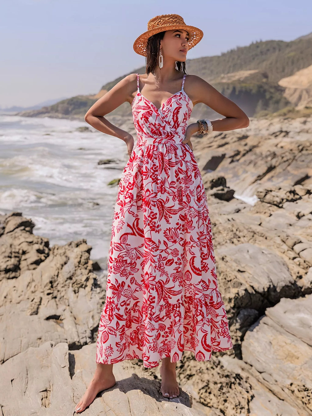 women's printed spaghetti strap midi dress - close-up detail