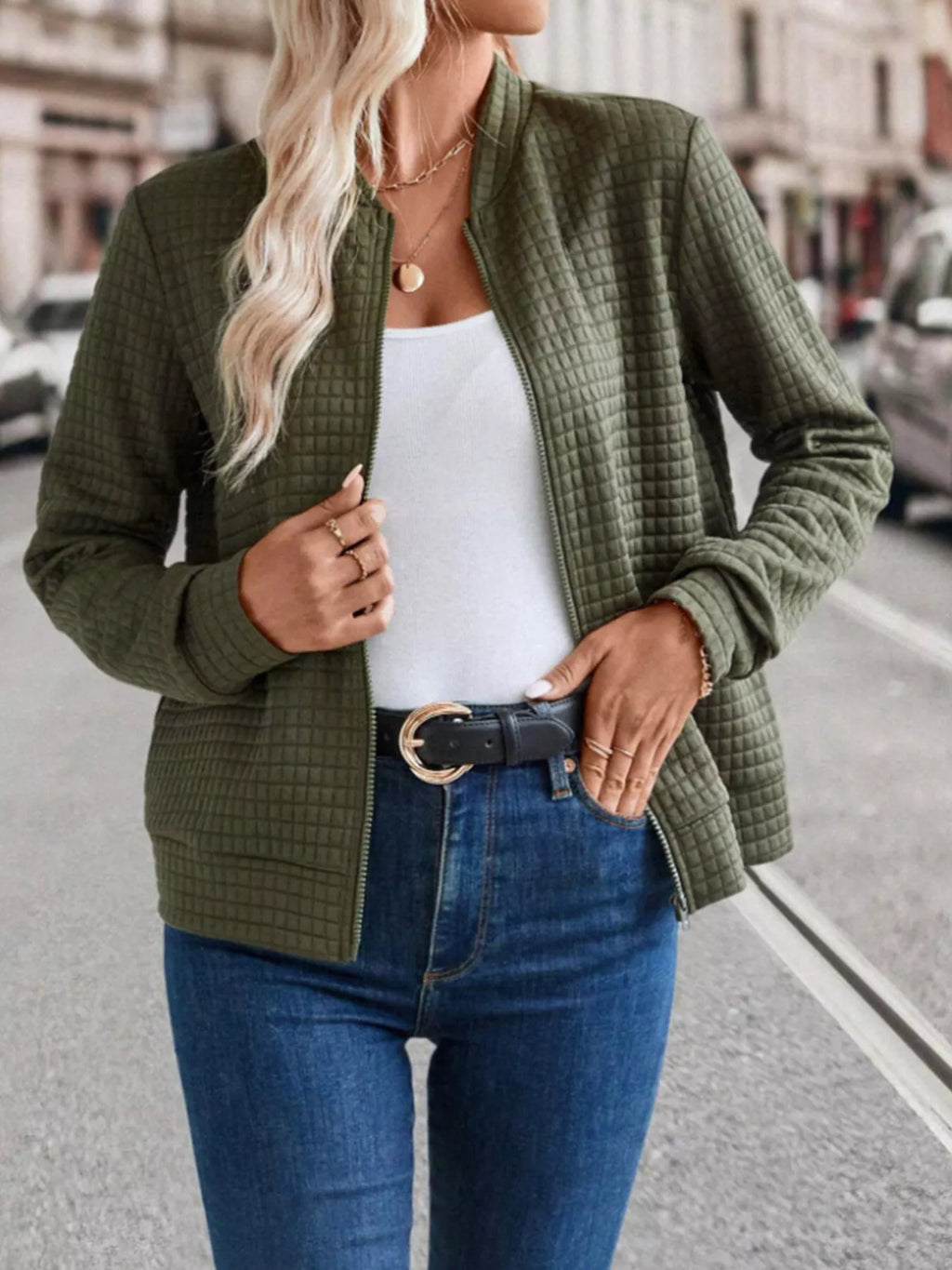 women's textured zip-up long sleeve jacket - lifestyle shot