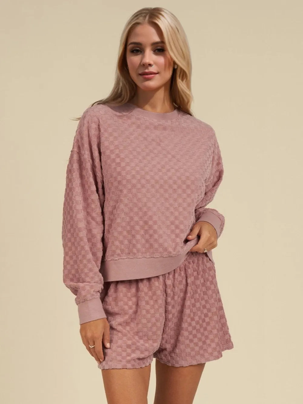 Oh Checkered Round Neck Long Sleeve Top and Shorts Set Pale Blush