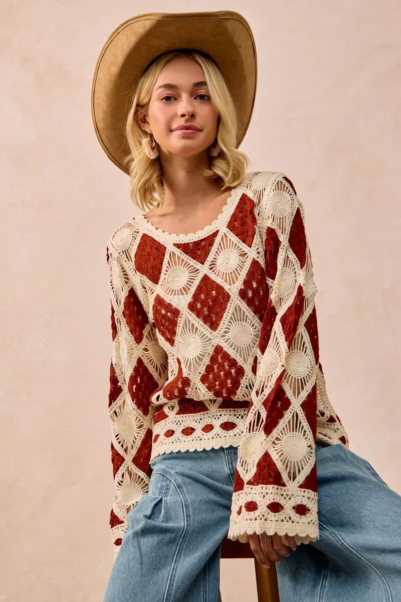 bibi diamond crochet knit top shown as women’s outerwear