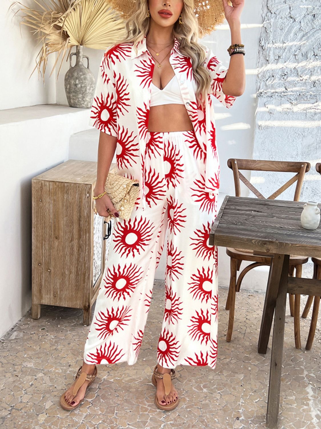 Devine Printed Collared Neck Half Sleeve Top and Pants Set Scarlet