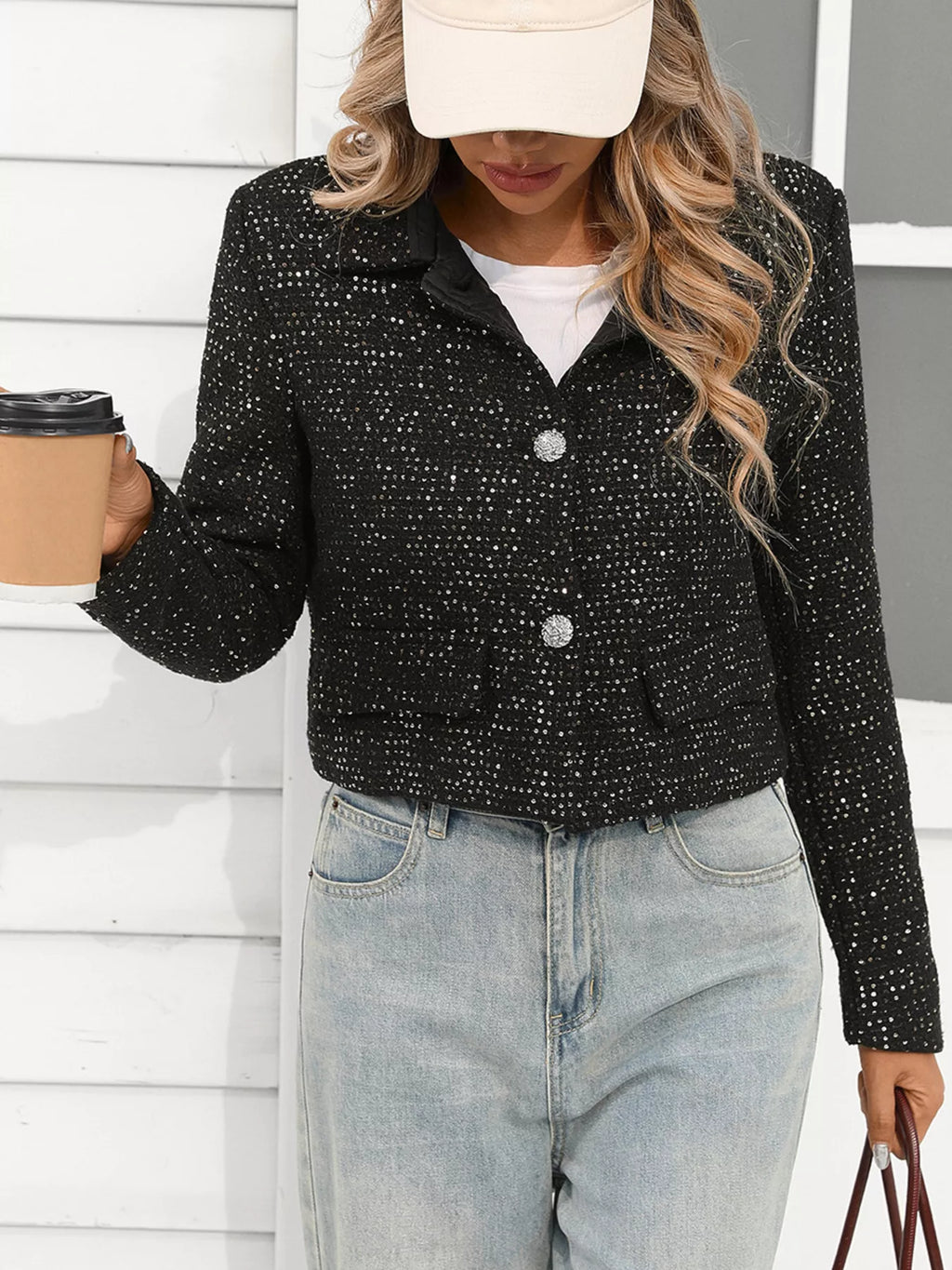 women's tweed button up cropped jacket - styling option