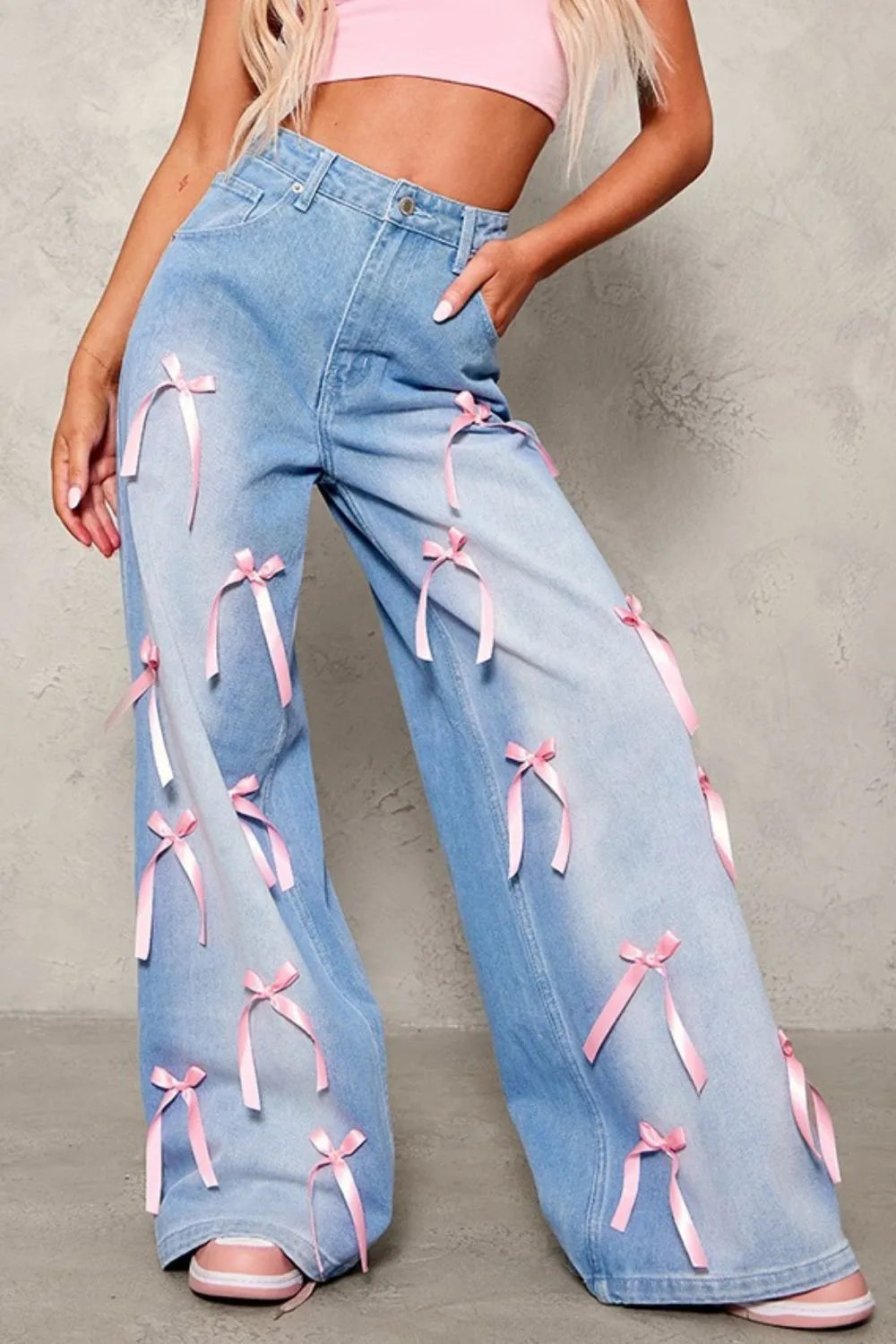 Bow Decorated Wide Leg Denim Jeans Medium
