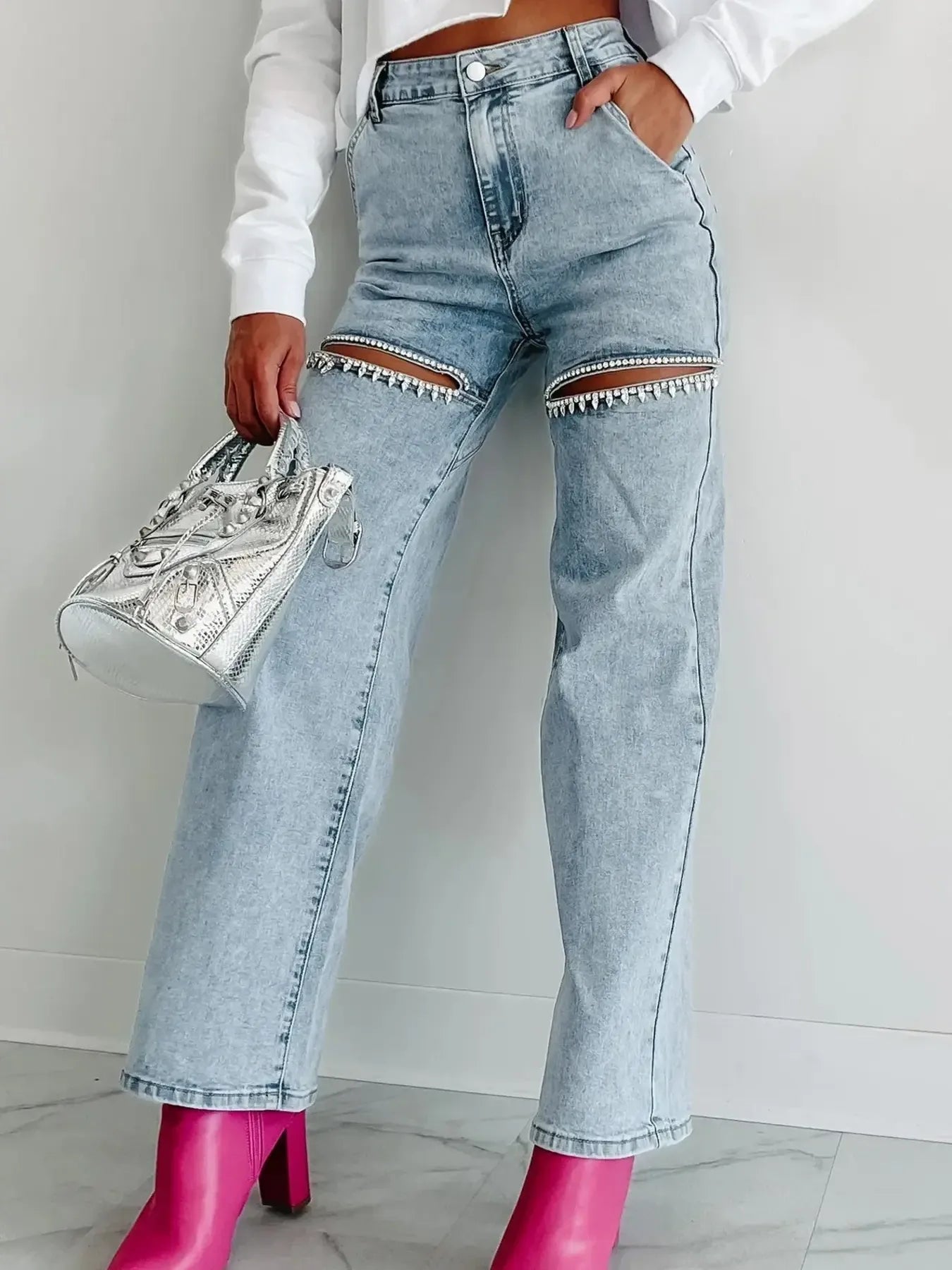 High Waist Cut-Out Wide Leg Jeans