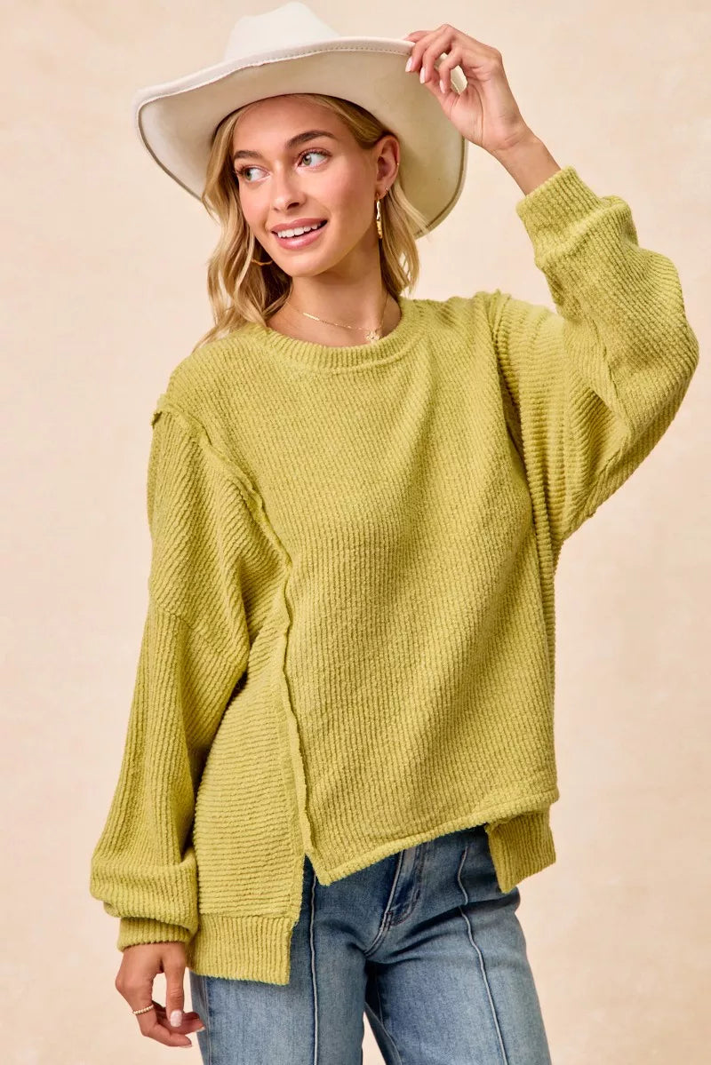 women's bibi boucle rib knit uneven hem sweater with open seam - additional image