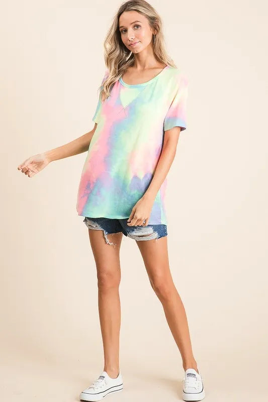women's bibi tie dye french terry print top - detail shot