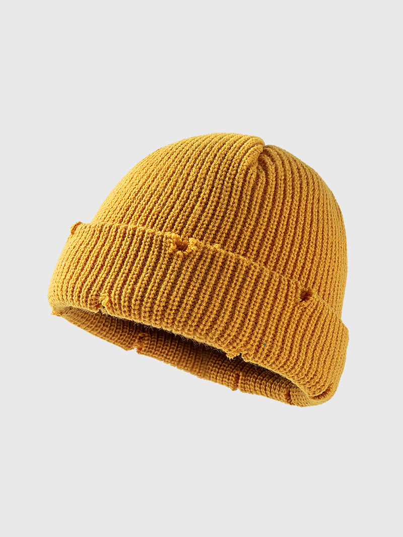 Distressed Cuffed Knit Hat Yellow One Size