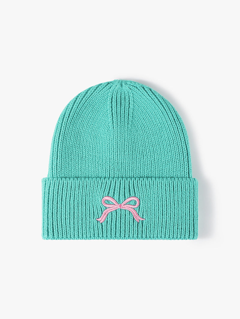 Embroidered Bow Knit Hat Teal One Size