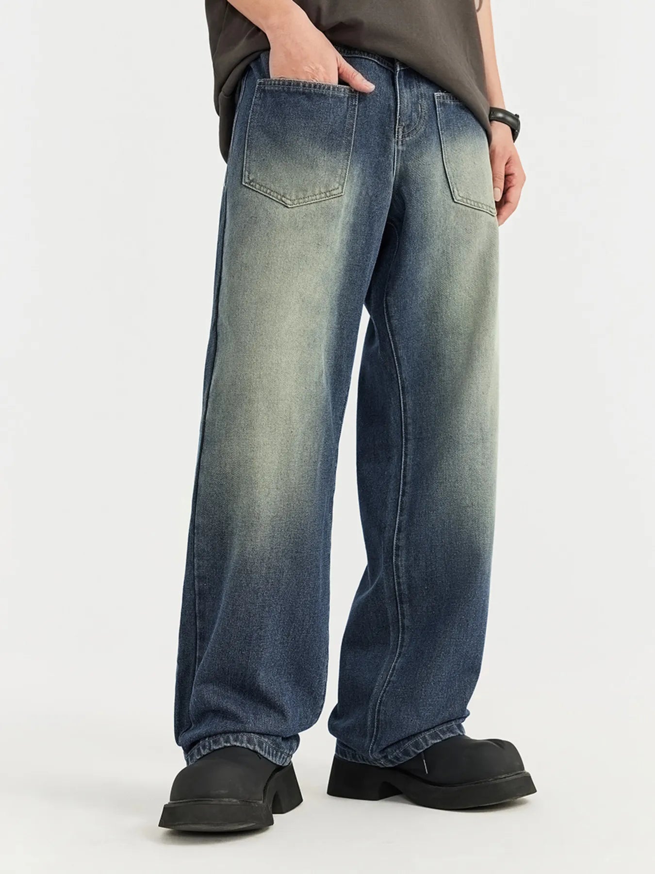 men's men's vintage wash wide leg jeans - product showcase