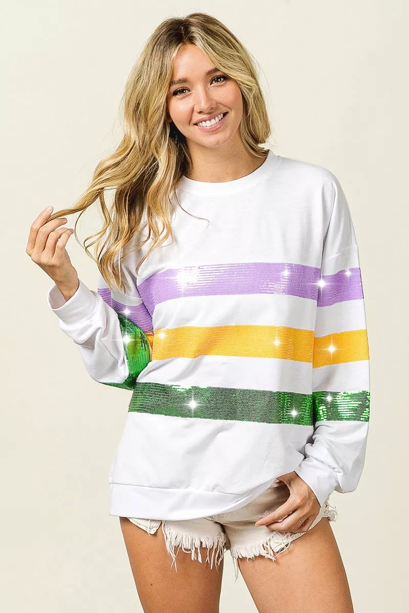 women's bibi sequin mardi gras striped round neck sweatshirt - alternate angle