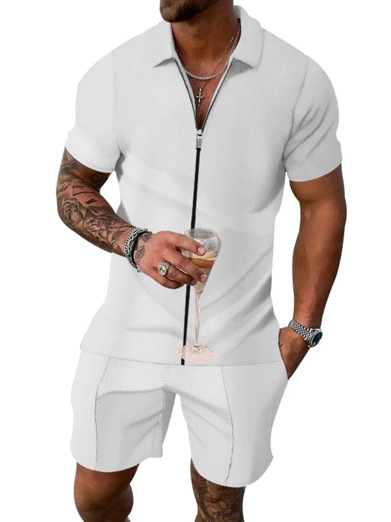 men's men's plus size zip up short sleeve top and shorts set - additional image