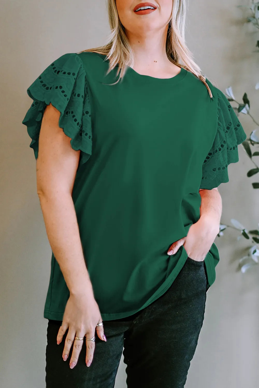 Plus Size Eyelet Round Neck Short Sleeve Blouse Dark Green