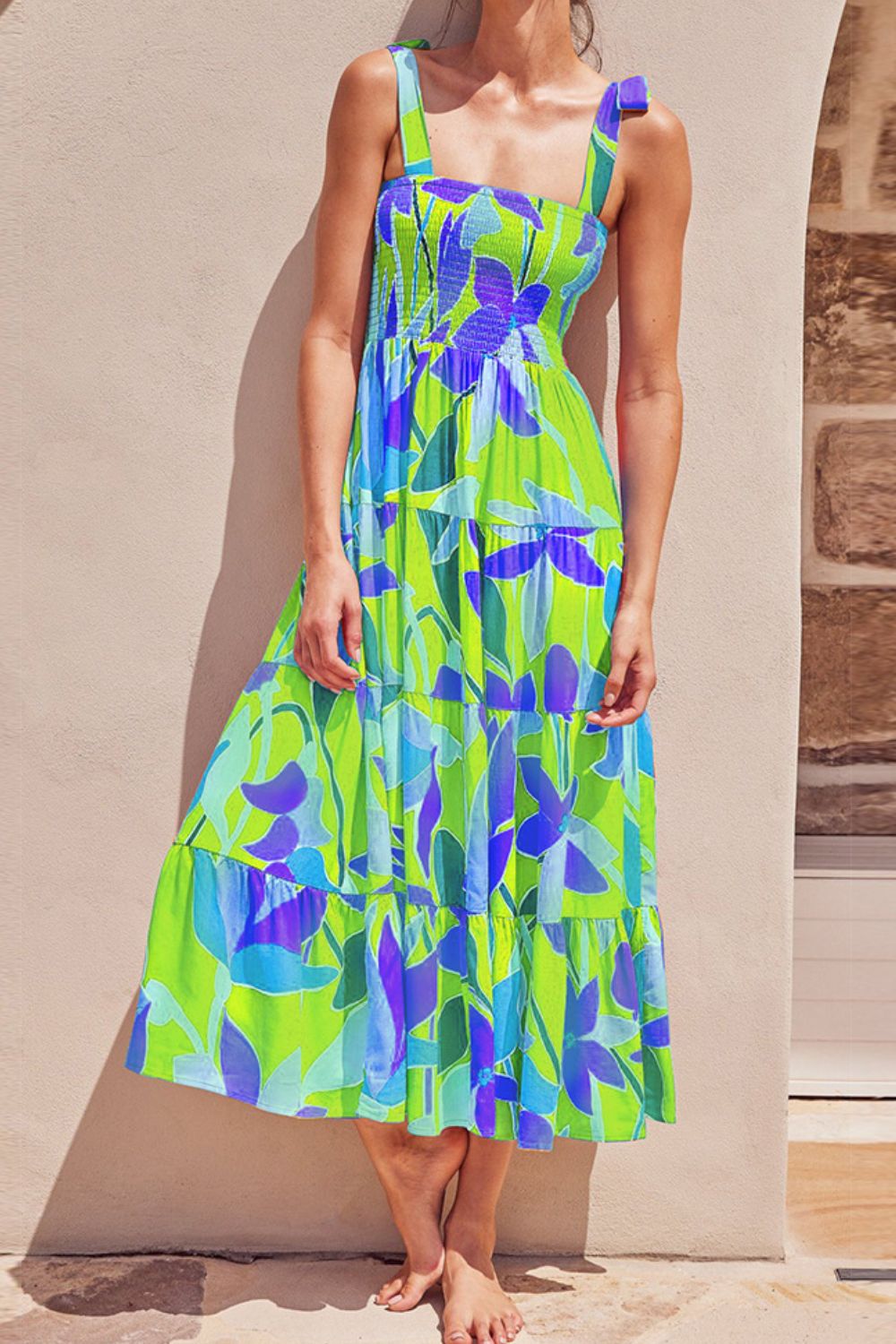 Floral Tie-Shoulder Smocked Midi Dress Green