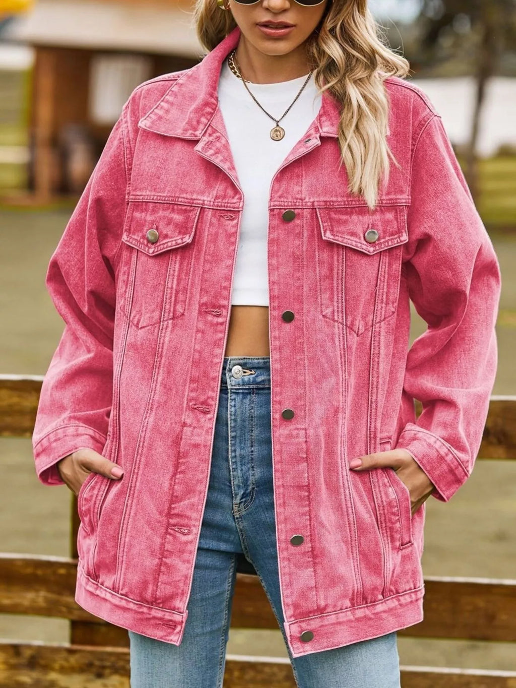 women's button down washed denim jacket - product showcase