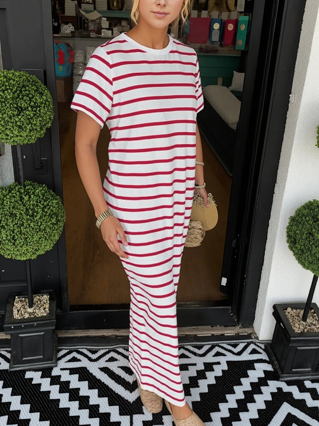 Full Size Striped T-Shirt Maxi Dress with Side Slit Plus Size