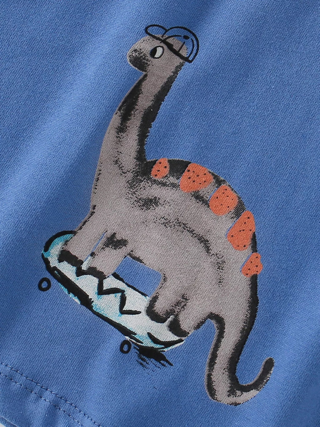 women's children's dinosaur skateboard print crew neck short sleeve t-shirt - close-up detail