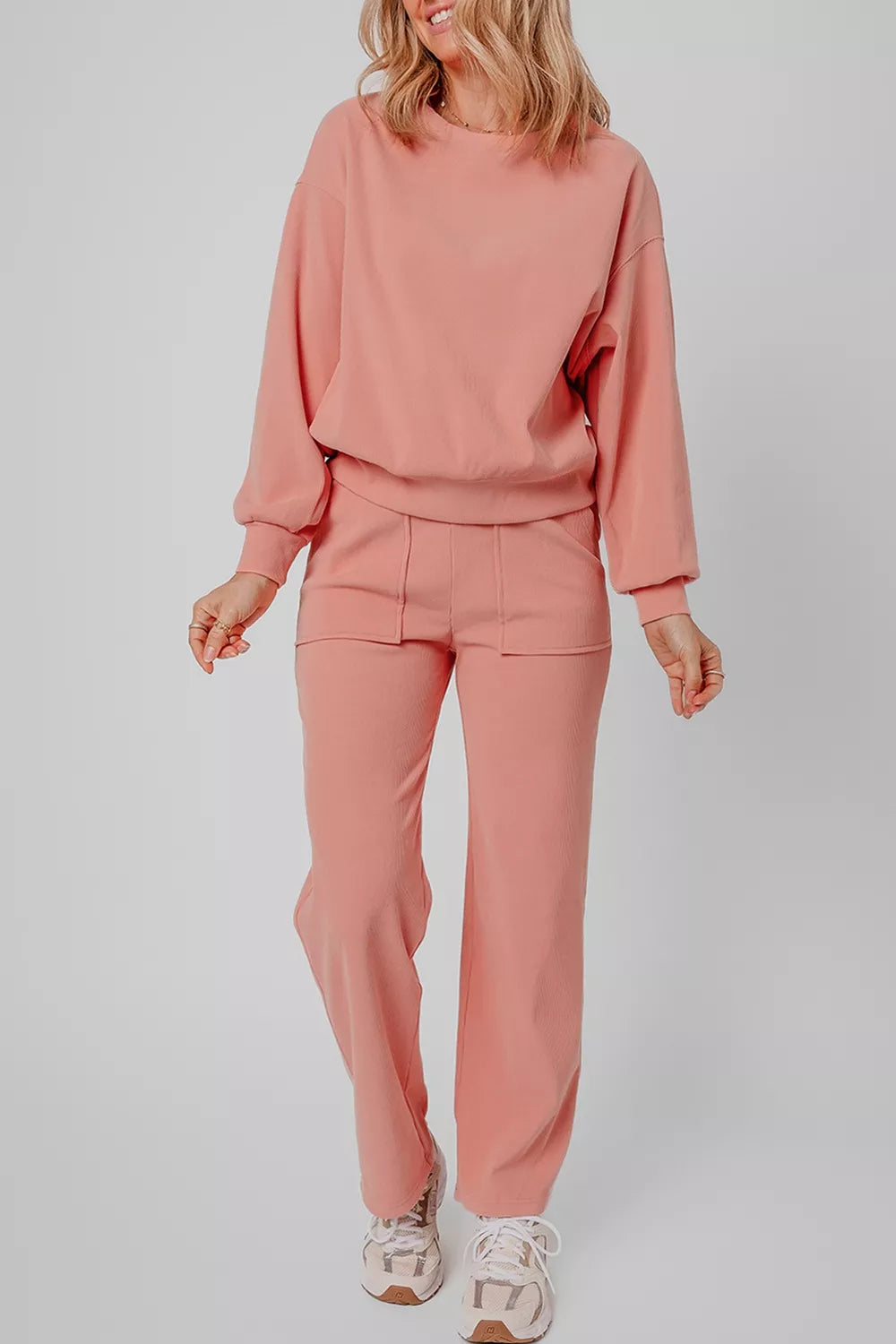 women's ribbed round neck top and pants set - main product image