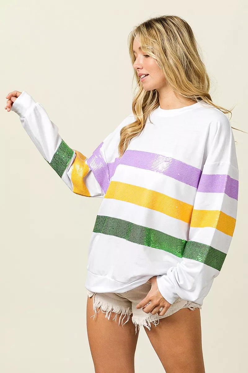 women's bibi sequin mardi gras striped round neck sweatshirt - additional image