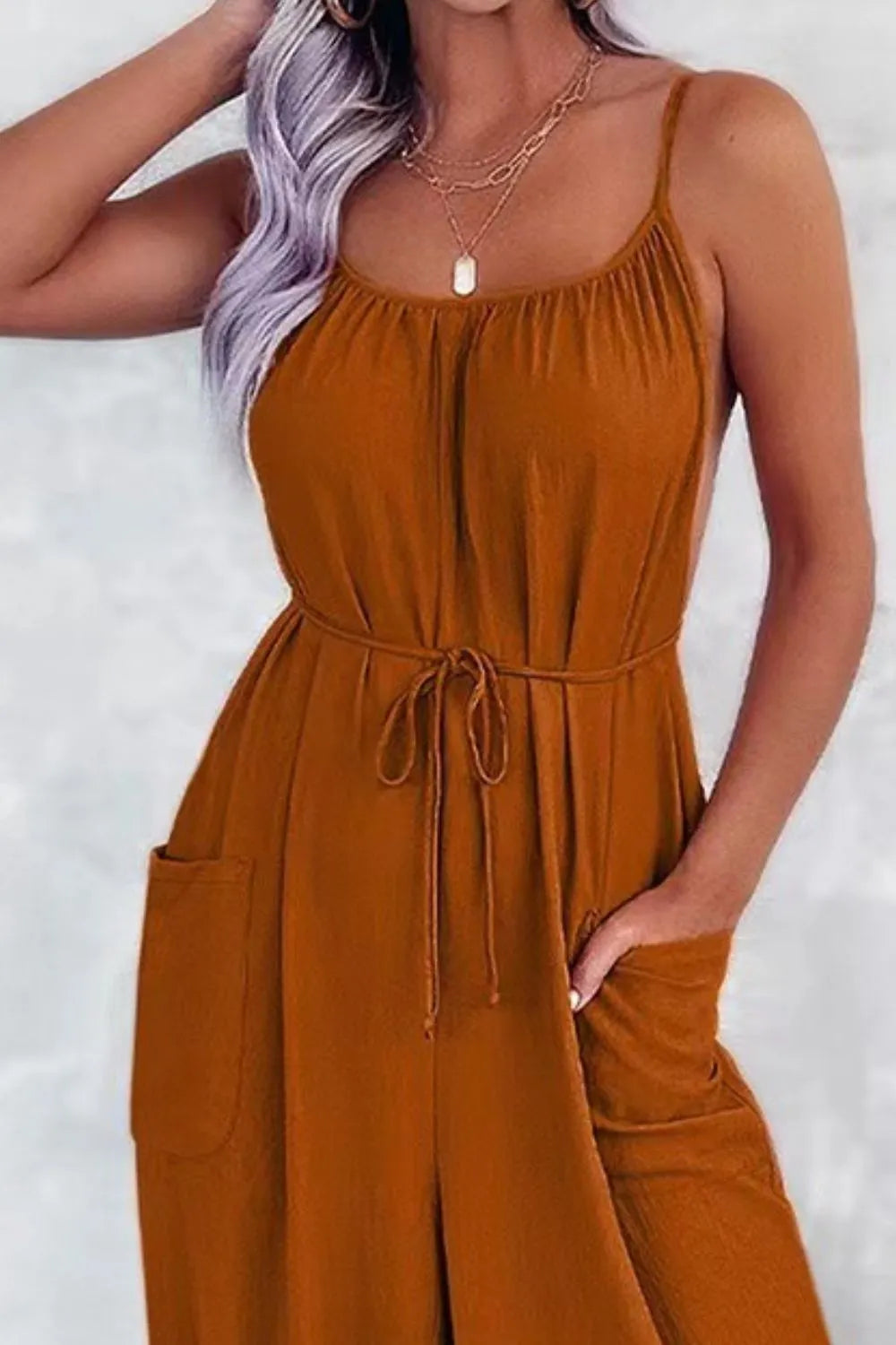 Casual Spaghetti Strap Wide Leg Jumpsuit with Pockets