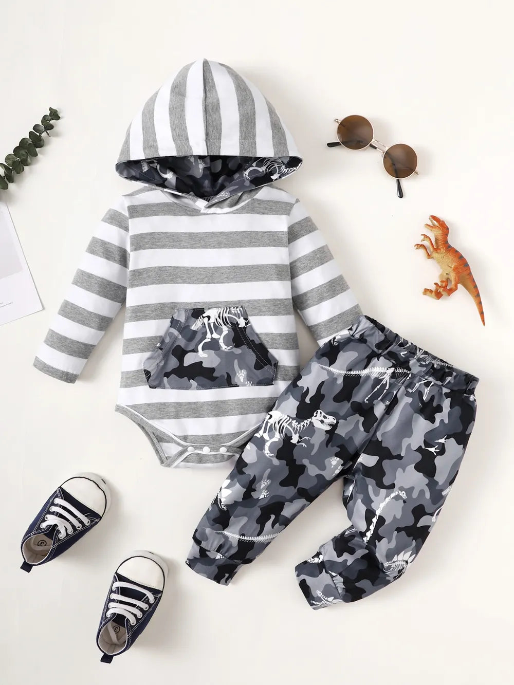 children's striped hooded bodysuit and camouflage pants set — stylish clothing for kids